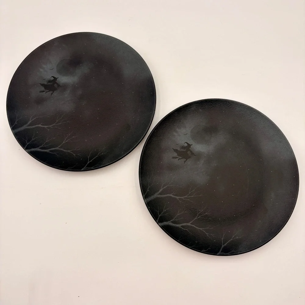 Mesa Brasil Halloween Witch Moon Dinner Plates Set of 2 Black Matte Spooky